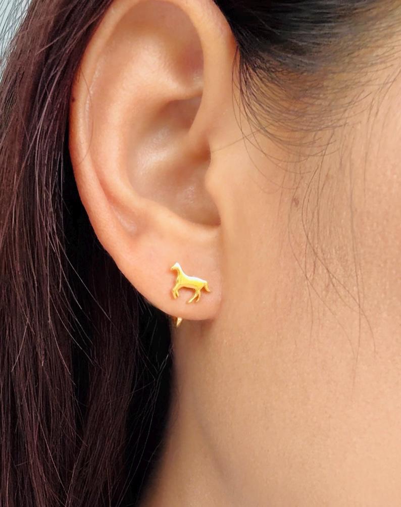 Horse Open Huggies Earrings Gold Horse Hoop Earrings Silver Horse Huggie Hoops Dainty Horse Hoop Earrings Horse Charm Huggies