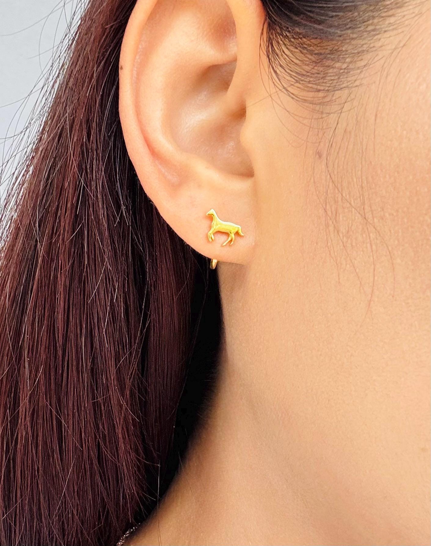 Horse Open Huggies Earrings Gold Horse Hoop Earrings Silver Horse Huggie Hoops Dainty Horse Hoop Earrings Horse Charm Huggies