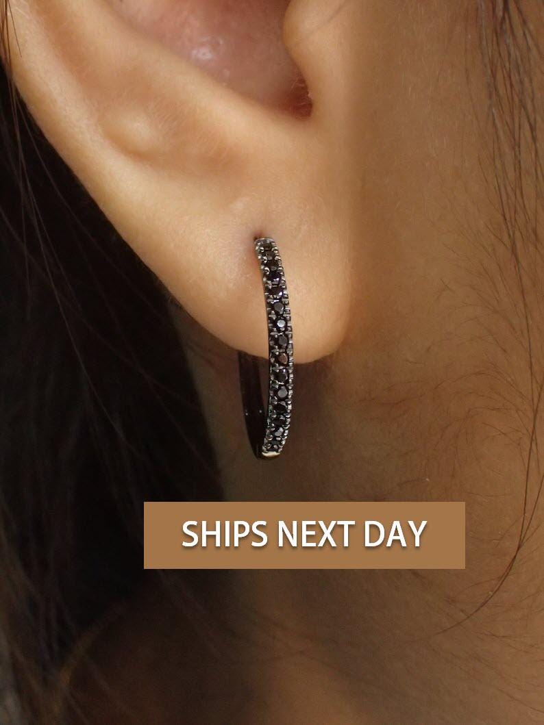 Simulated Black Diamonds Hoop Earrings / Huggies Earrings / Minimalist Eternity CZ Earring / Huggie Hoops Earrings / Christmas Gift for Her