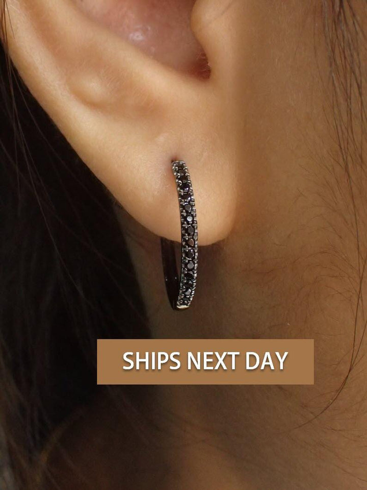 Simulated Black Diamonds Hoop Earrings / Huggies Earrings / Minimalist Eternity CZ Earring / Huggie Hoops Earrings / Christmas Gift for Her