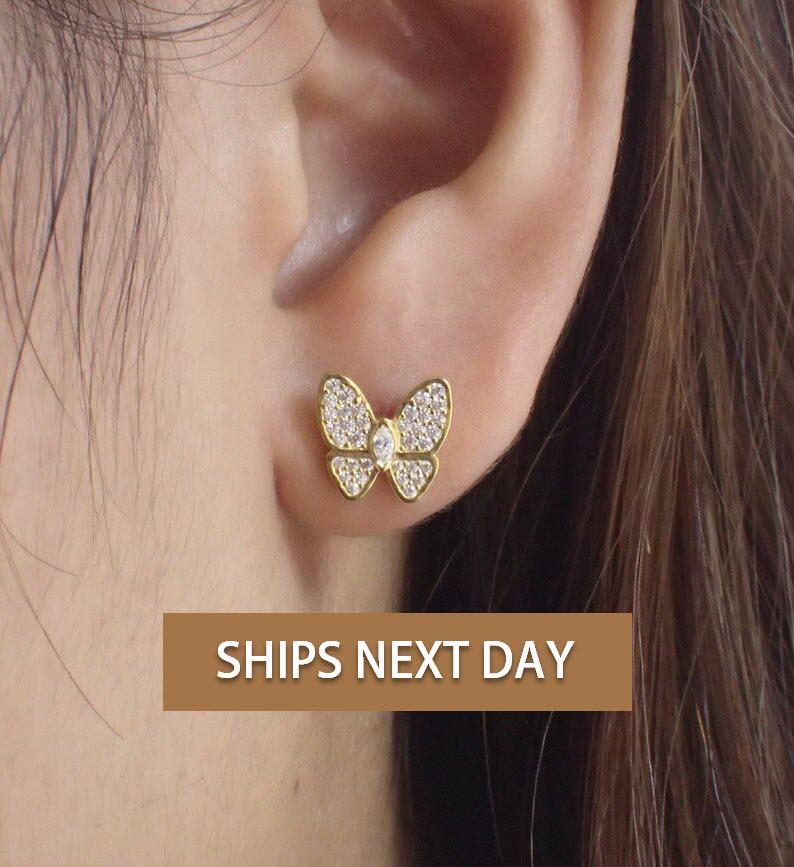 Butterfly Stud Earrings / Diamonds Butterfly Earrings / Minimalist Earrings / Bridesmaid Gift / In Stock