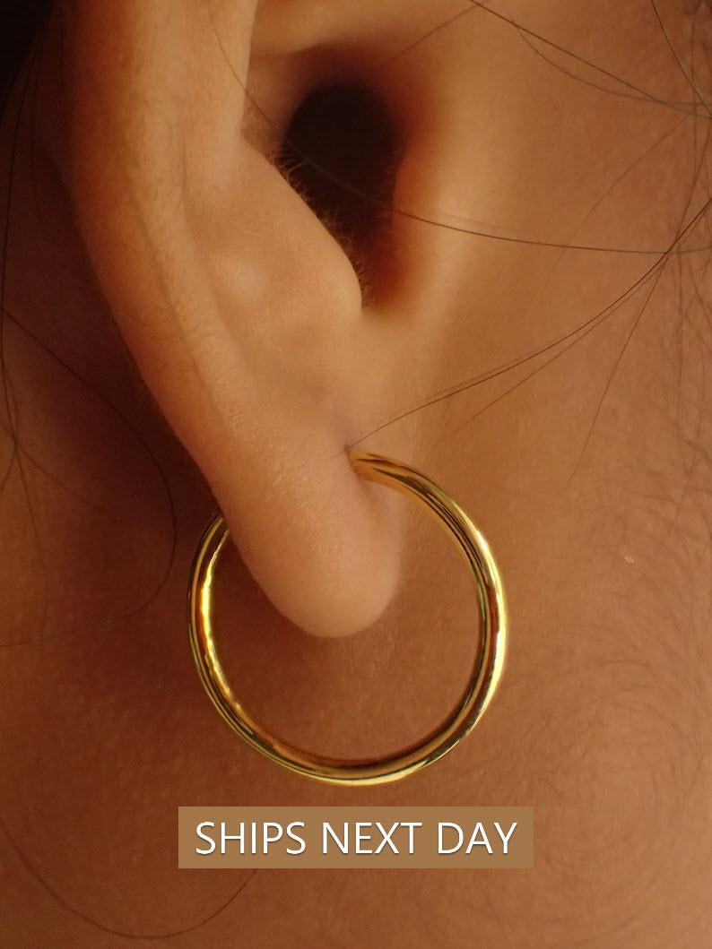 14k Solid Gold Hoop Earrings / 15MM Thin Endless Hoops / Minimalist Earring / Bridal Earring Gift for Her / Holiday Gift for Her
