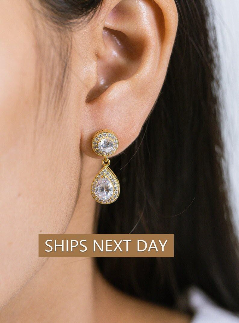 Diamond Halo Teardrop Earrings, Pear Cut Bridal Drop Earrings, Dainty Wedding Jewelry, Bridesmaid Gift for Her