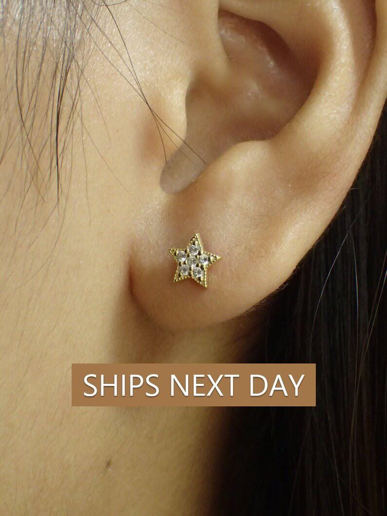Diamond Star Stud Earrings, 18K Gold Plated Celestial Earrings, Dainty Minimalist Star Jewelry, Birthday Gift for Her