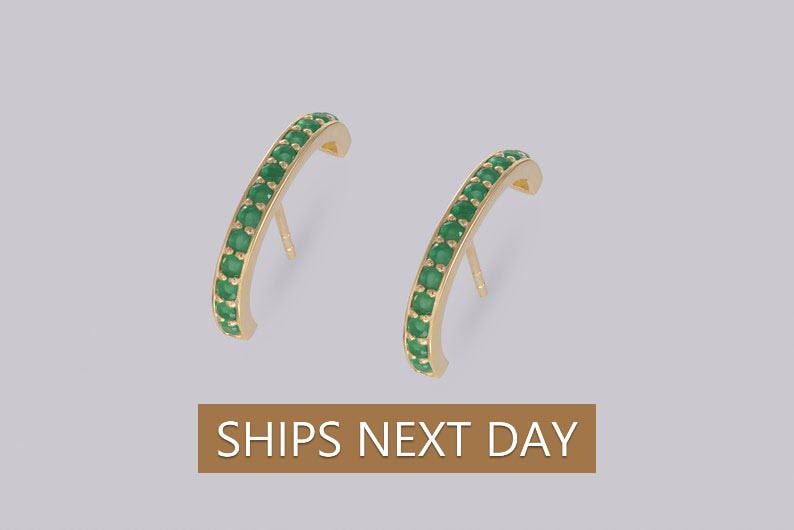 Emerald Stud Earrings, Channel Set Curve Bar Emerald Earrings, May Birthstone Gift, Green Stone Earrings Gift for Women