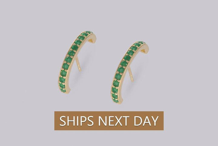 Emerald Stud Earrings, Channel Set Curve Bar Emerald Earrings, May Birthstone Gift, Green Stone Earrings Gift for Women