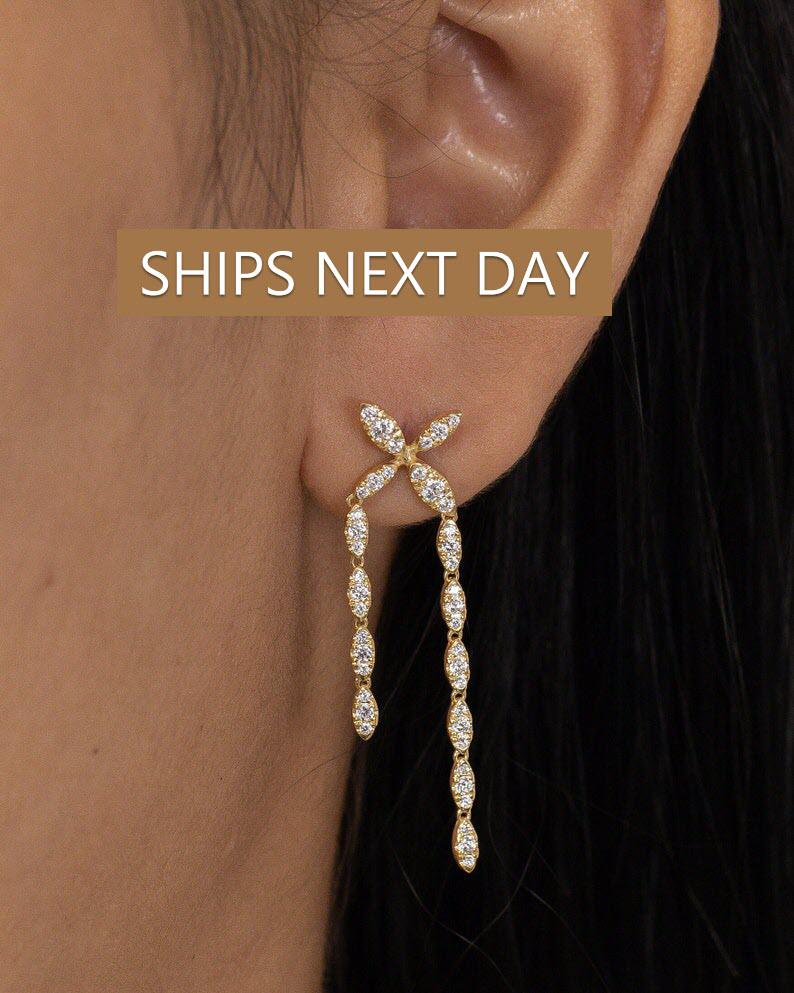 Marquise Diamond Stud Earrings, Dangle Drop Stud Earrings Gift for Her, Floral Earrings, Wedding Gift, In Stock