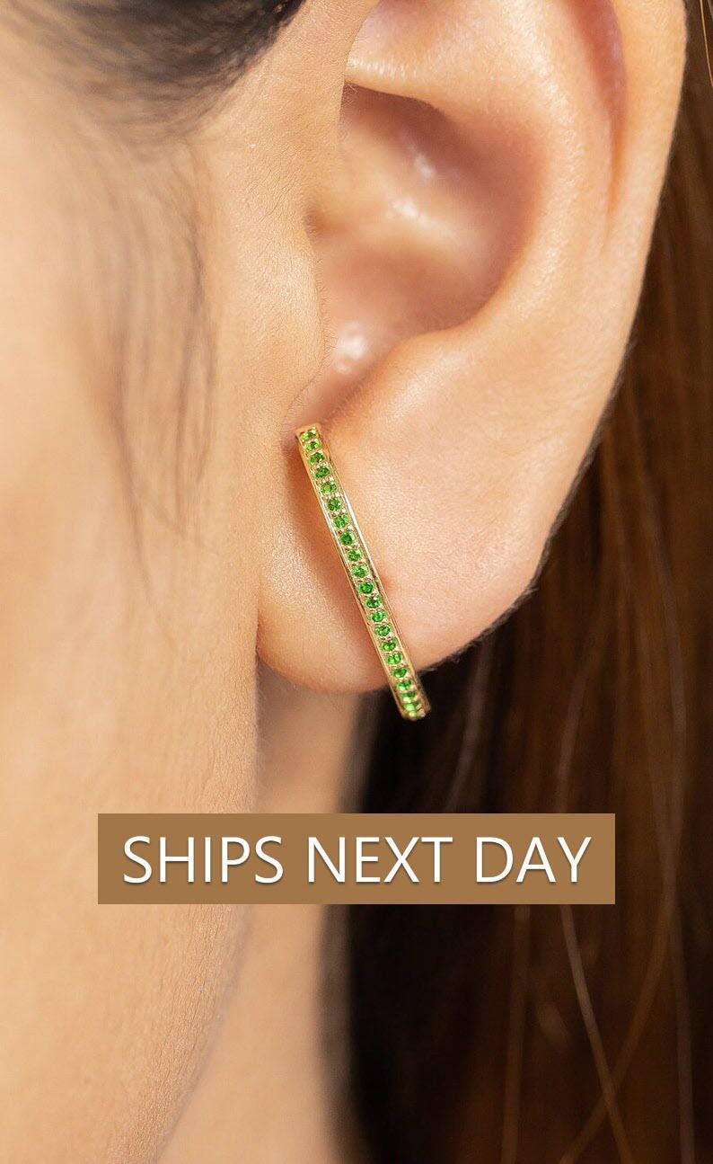 Emerald Curved Bar Stud Earrings, Channel Set May Birthstone Earrings, Dainty Green Gemstone Ear Climbers, Bridesmaid Gift