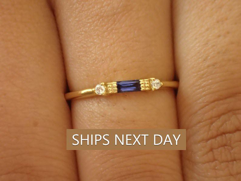 Baguette Sapphire Ring / September Birthstone / Stacking Sapphire and Diamond Ring / Minimalist Ring / In Stock