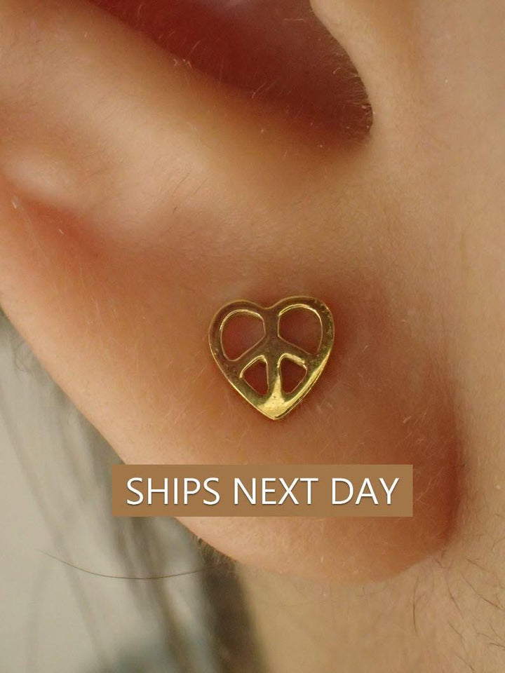 Peace Symbol Heart Stud Earrings / Peace Sign Earrings / Hippie Peace Earring Gift for Her / Peace Studs - In Stock