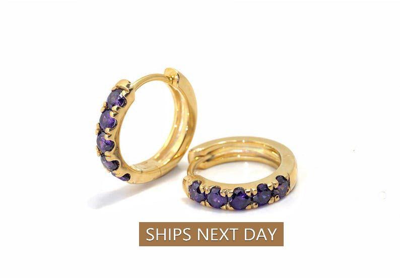 Five Stones Amethyst Hoop Earring, February Birthstone Gifts, Huggie Hoops, Minimal Hoop Earring