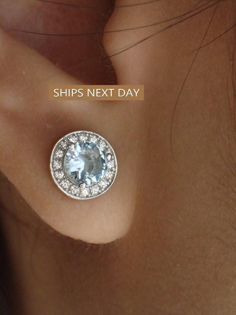 Blue Topaz Earrings / Halo Stud Earrings / Everyday Earring / February Birthstone Gift / Classic Earrings / In Stock