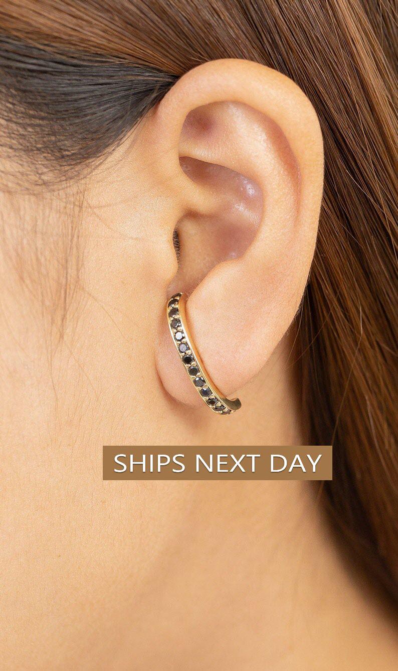 Ear Lobe Black Diamond Cuff Earrings, Suspender Earrings, Dainty Stud Lobe Cuff, , Minimalist Earrings Gift For Women