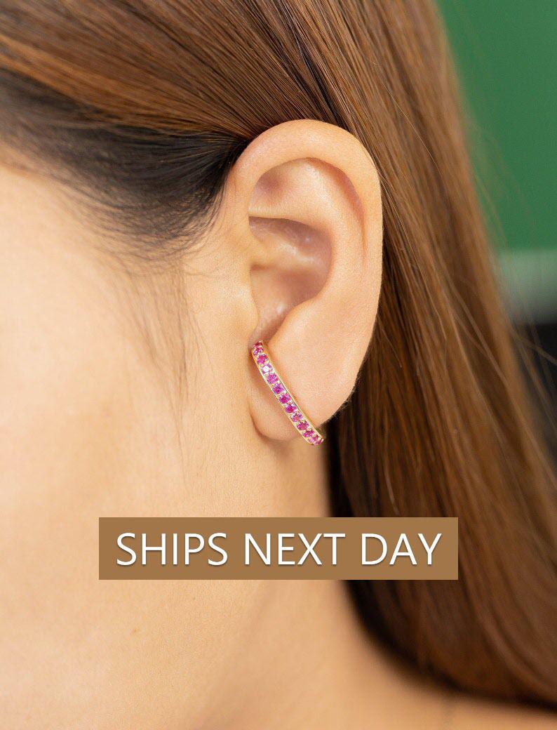 Ear Lobe Ruby Cuff Earrings, Suspender Earrings, Dainty stud lobe cuff, July Birthstones
