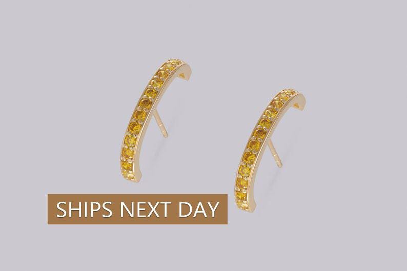 Yellow Sapphire Curve Bar Stud Earrings, September Birthstone Gifts, Suspender Cuff Stud Earrings, Dainty Earrings Gift For Women