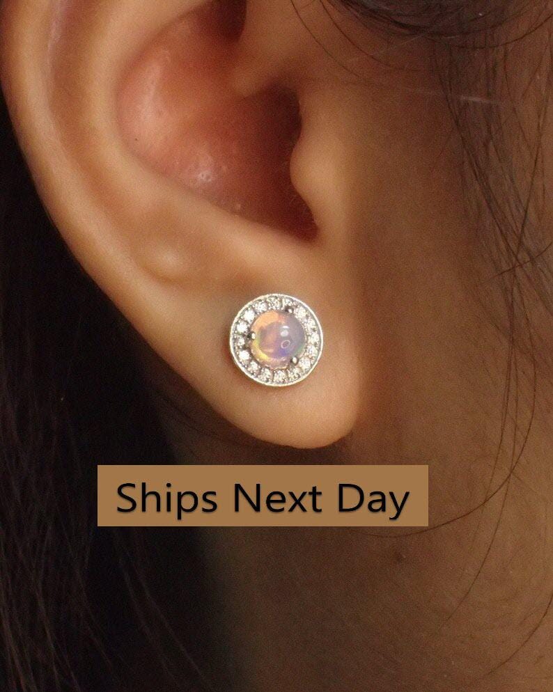 Opal Halo Earrings / Diamonds Earrings / Opal Stud Earrings / October Birthstone / Brilliant Round Diamond Earrings