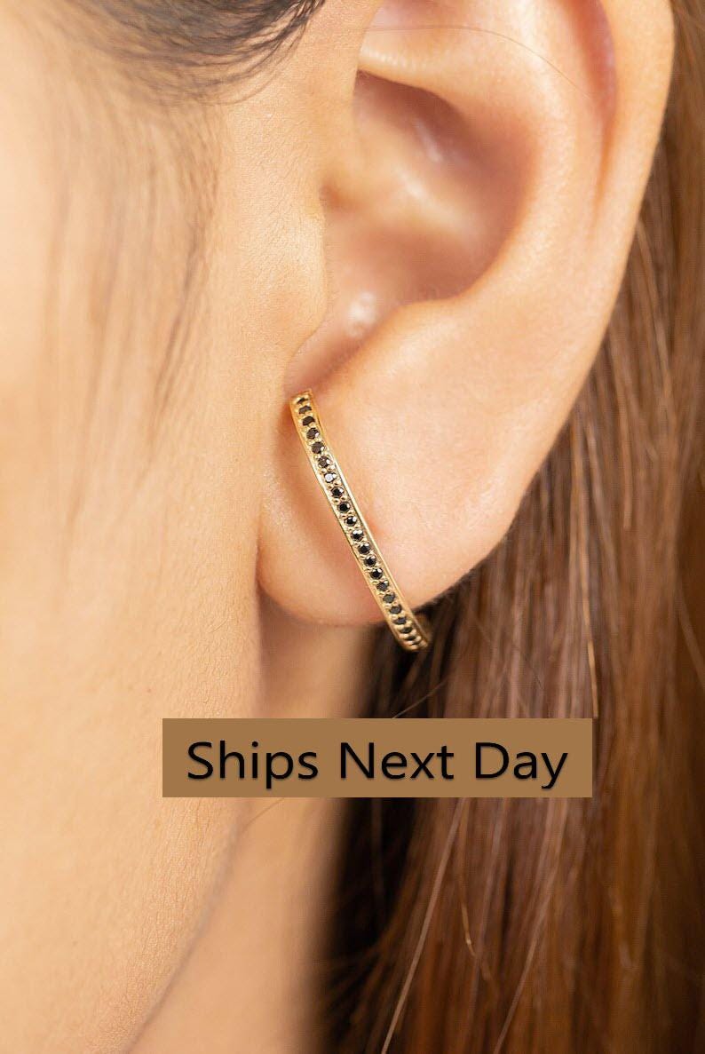 Black Diamonds Curve Bar Stud Earrings, Suspender Earrings, Stud Earrings, Minimalist Earrings Gift For Women