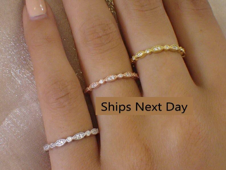 Marquise Wedding Band / Diamond Art Deco Milgrain Band / Thin Dainty Stackable Band / Vintage Wedding Band / In Stock