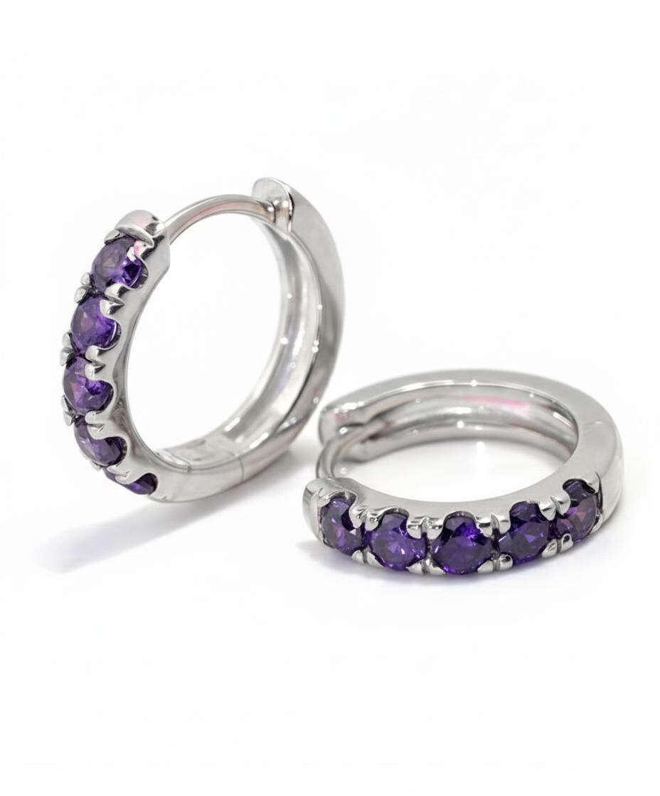 Five Stones Amethyst Hoop Earring, February Birthstone Gifts, Huggie Hoops, Minimal Hoop Earring