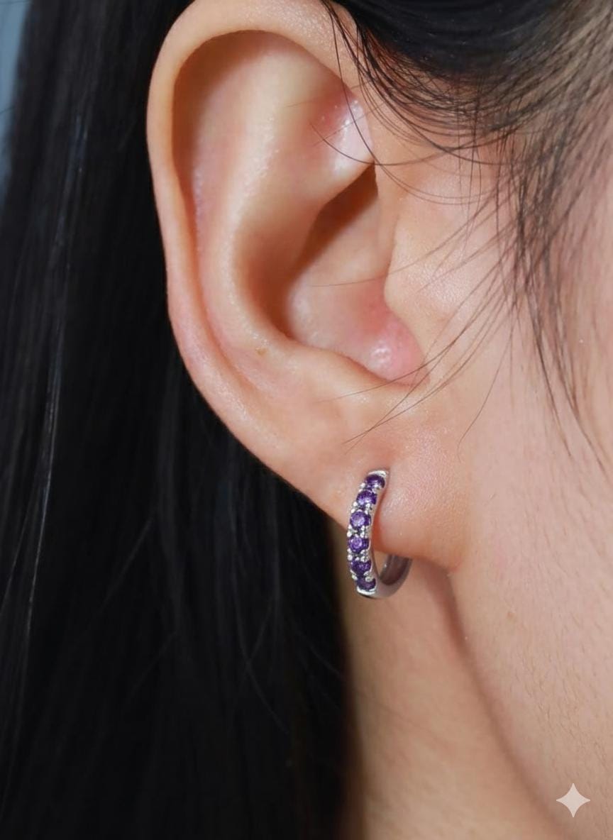 Five Stones Amethyst Hoop Earring, February Birthstone Gifts, Huggie Hoops, Minimal Hoop Earring