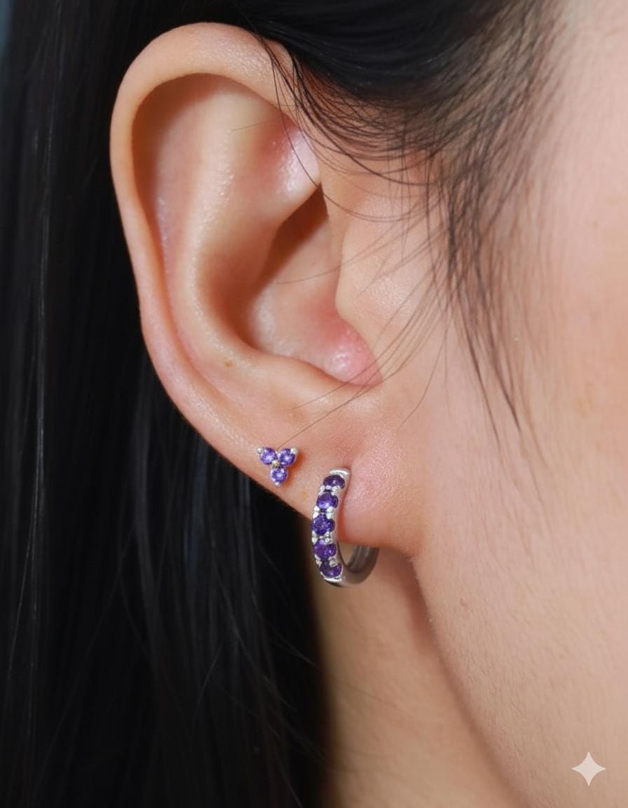 Five Stones Amethyst Hoop Earring, February Birthstone Gifts, Huggie Hoops, Minimal Hoop Earring