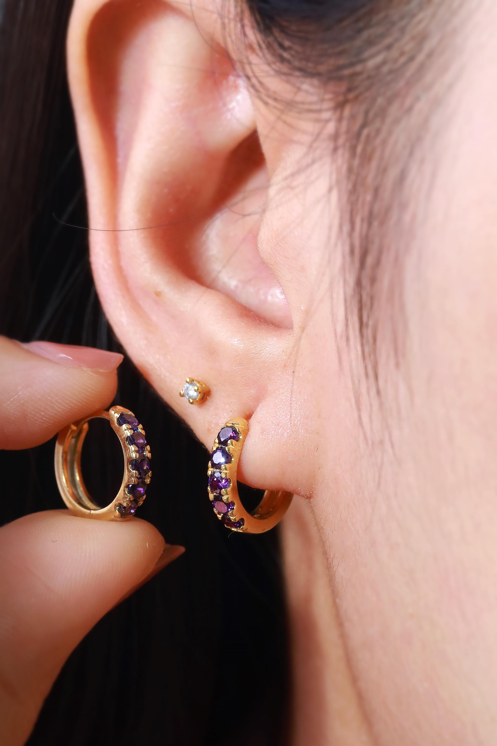 Five Stones Amethyst Hoop Earring, February Birthstone Gifts, Huggie Hoops, Minimal Hoop Earring
