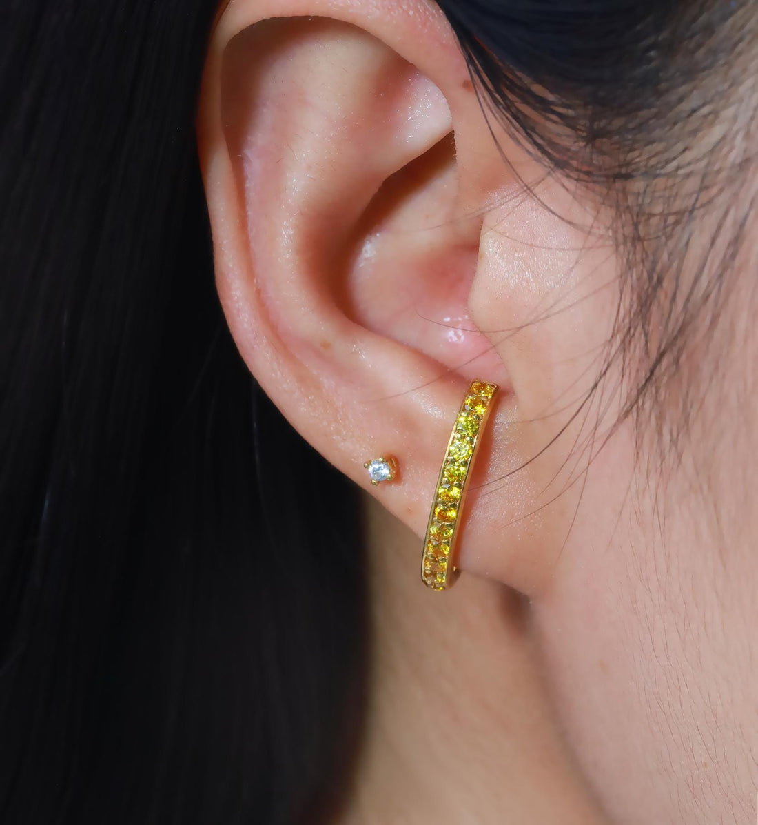 Yellow Sapphire Curve Bar Stud Earrings, September Birthstone Gifts, Suspender Cuff Stud Earrings, Dainty Earrings Gift For Women