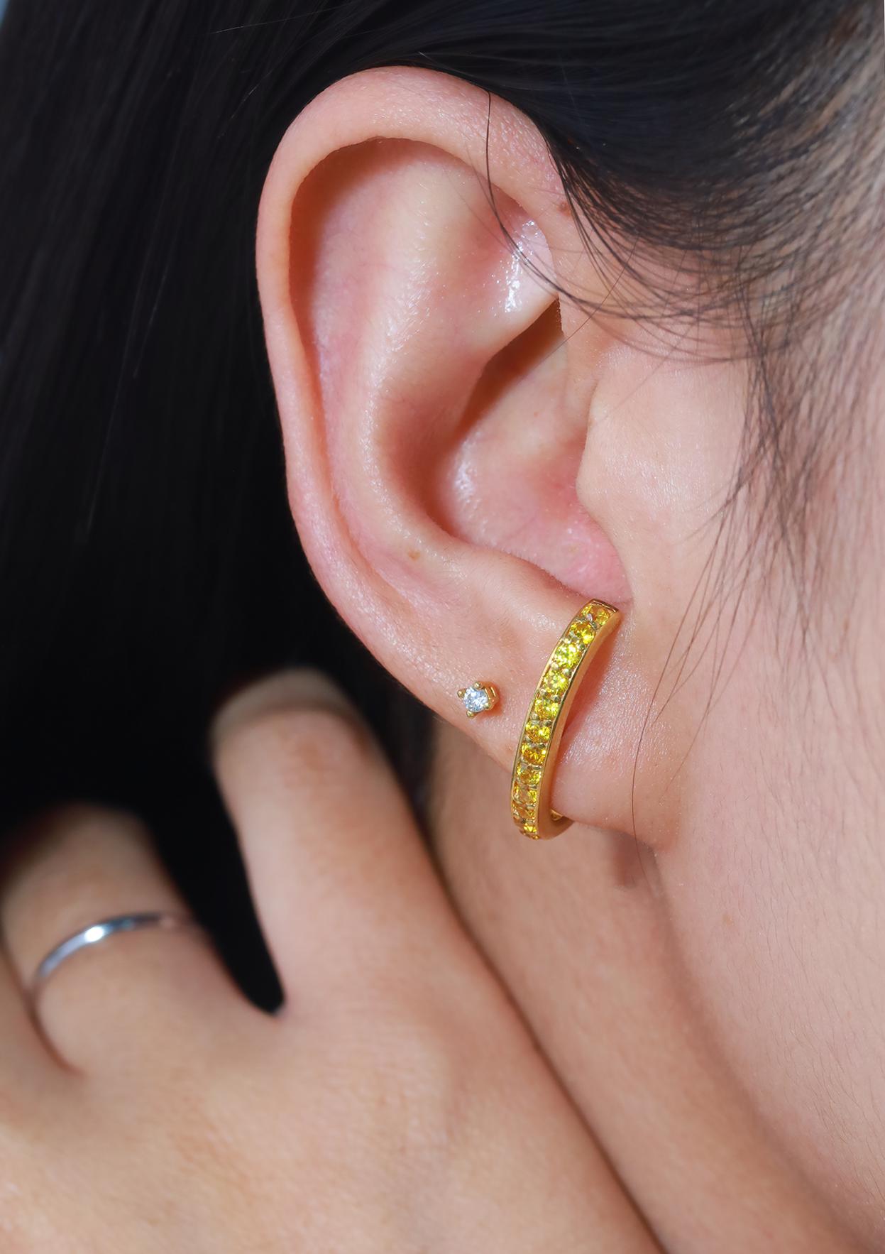 Yellow Sapphire Curve Bar Stud Earrings, September Birthstone Gifts, Suspender Cuff Stud Earrings, Dainty Earrings Gift For Women