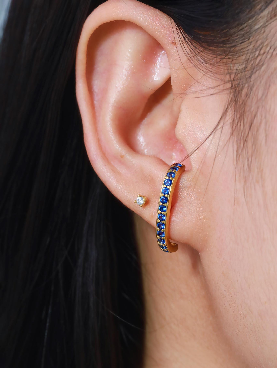 Blue Sapphire Curve Bar Stud Earrings, September Birthstone Gifts, Suspender Cuff Stud Earrings, Dainty Earrings Gift For Women