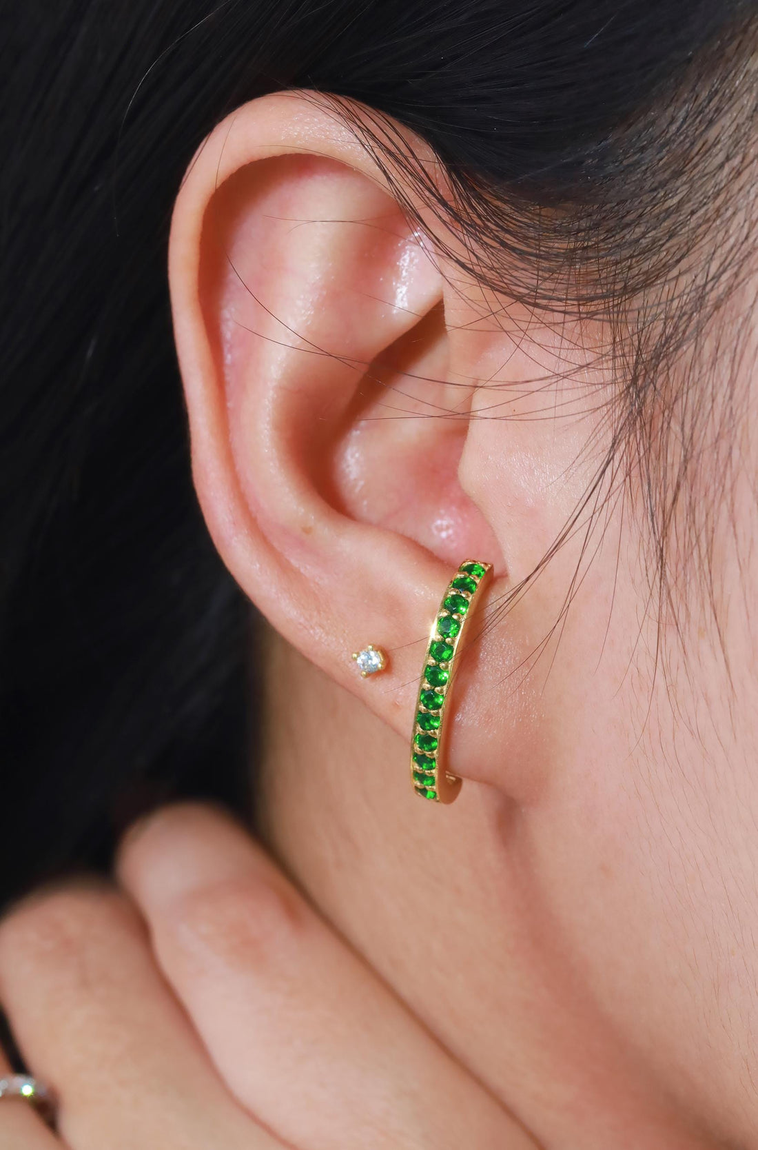 Channel Set Emerald Earrings, Curve Stud Earrings, May Birthstone Gift, Dainty Suspender Earrings, Green Stone Earrings Gift for Her
