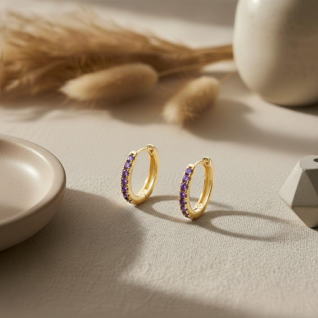 Amethyst Hoop Earrings, February Birthstone Gifts, Huggies Hoop Earrings, Minimal Hoop Earrings, IN Stock