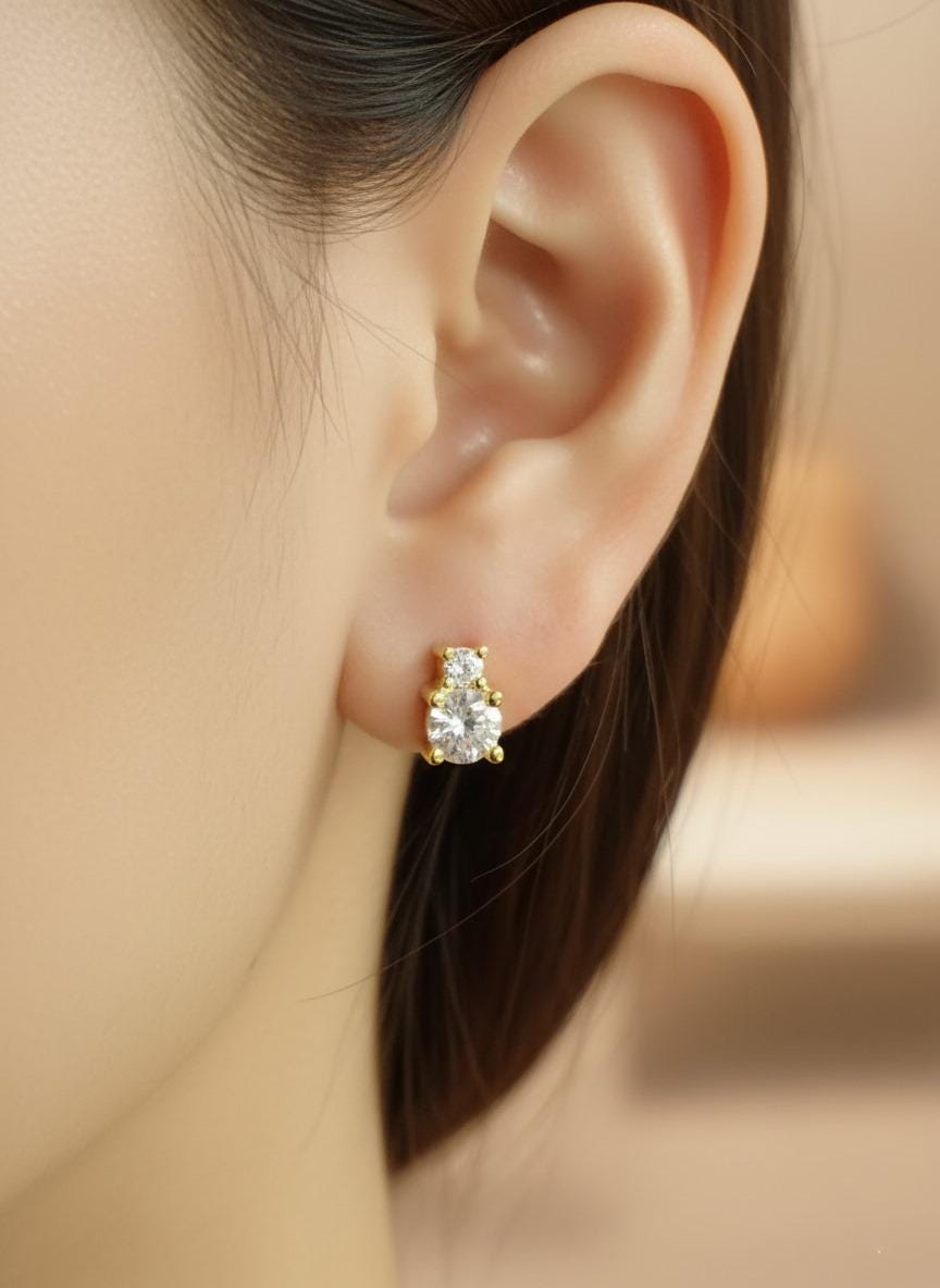 Two Stone Diamond Earrings / 18K Gold Plated Diamond Studs / Bridesmaid Earrings / Wedding Earrings Gift for Her