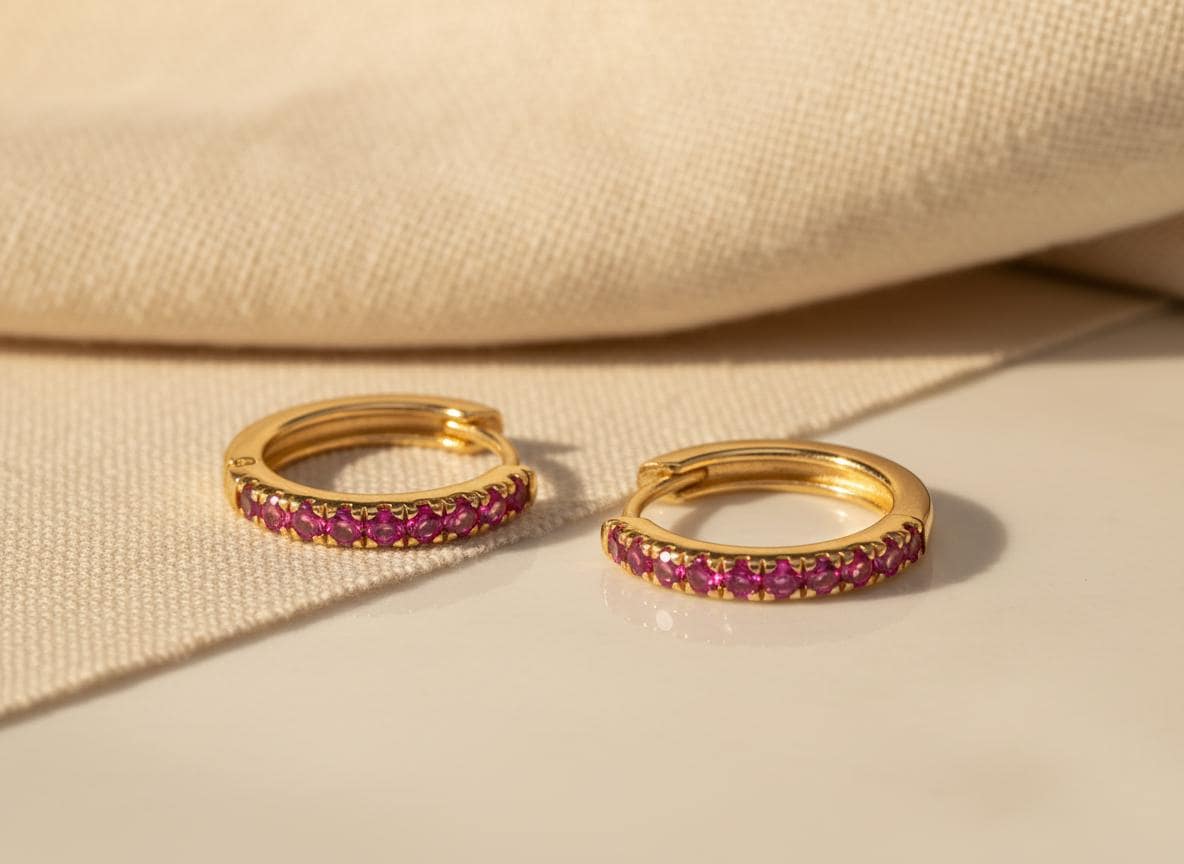 Pink Sapphires Hoop Earrings, September Birthstone, Huggies Hoop Earrings, Minimal Hoop Earrings
