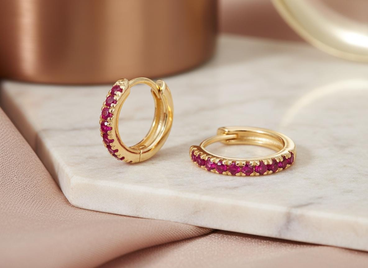 Ruby Hoop Earrings, July Birthstone Gifts, Huggies Hoop Earrings, Minimal Hoop Earrings, In Stock