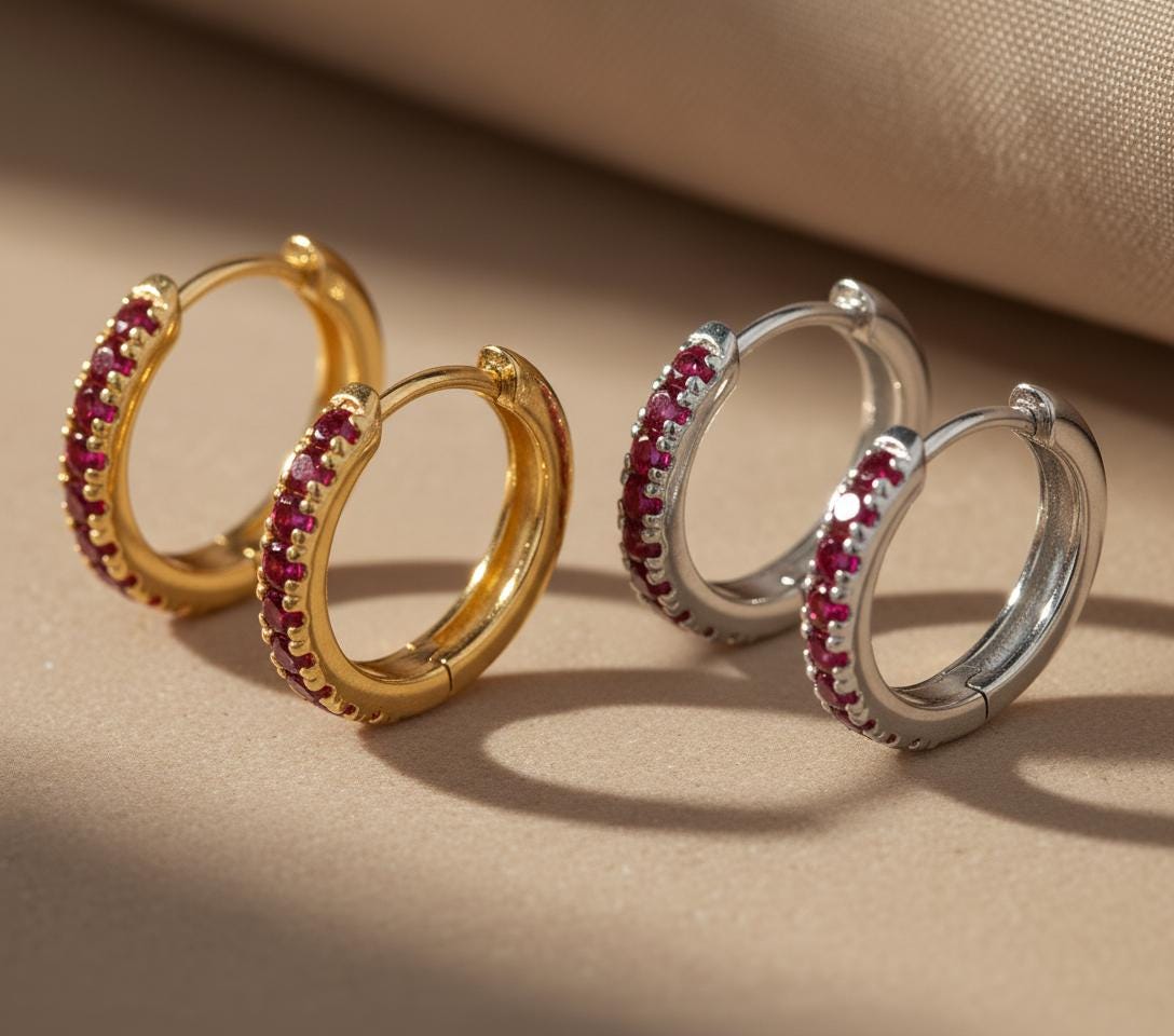 Ruby Hoop Earrings, July Birthstone Gifts, Huggies Hoop Earrings, Minimal Hoop Earrings, In Stock
