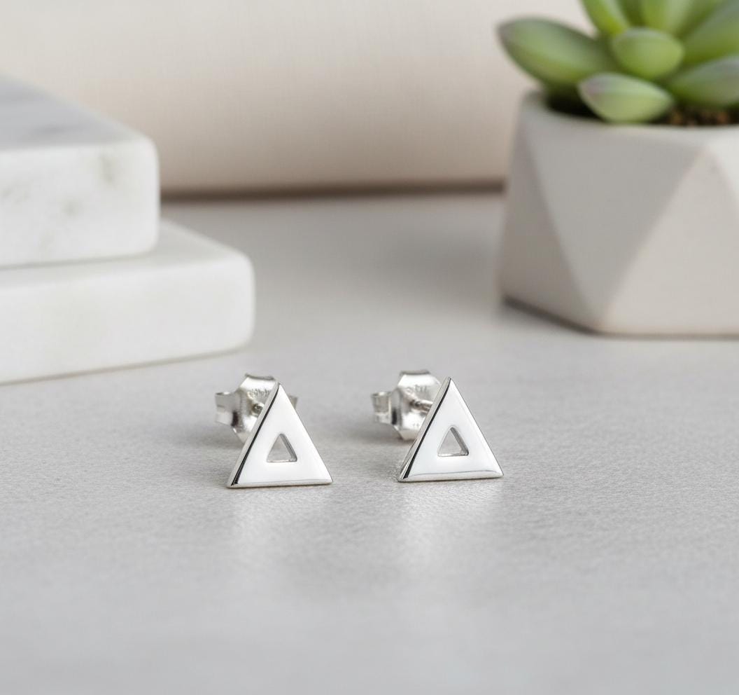 Tiny Open Triangle Stud Earrings, Sterling Silver Geometric Earrings, Minimalist Stacking Studs, Bridesmaid Gift for Her