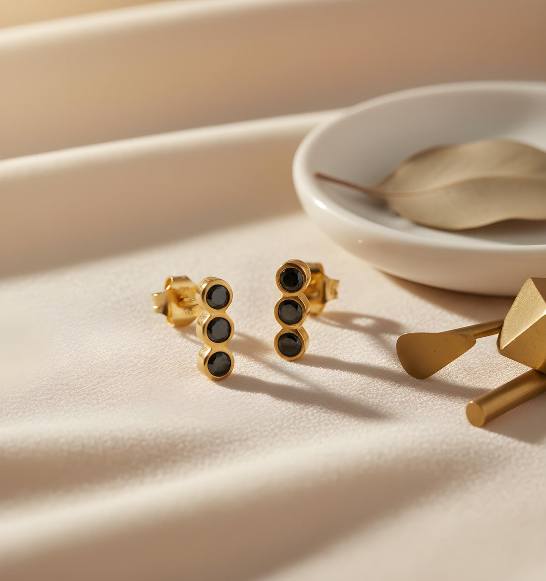 Black Diamond Earrings / Three Stone Stud Earrings / Minimalist Earrings / Dainty Black Diamond Studs