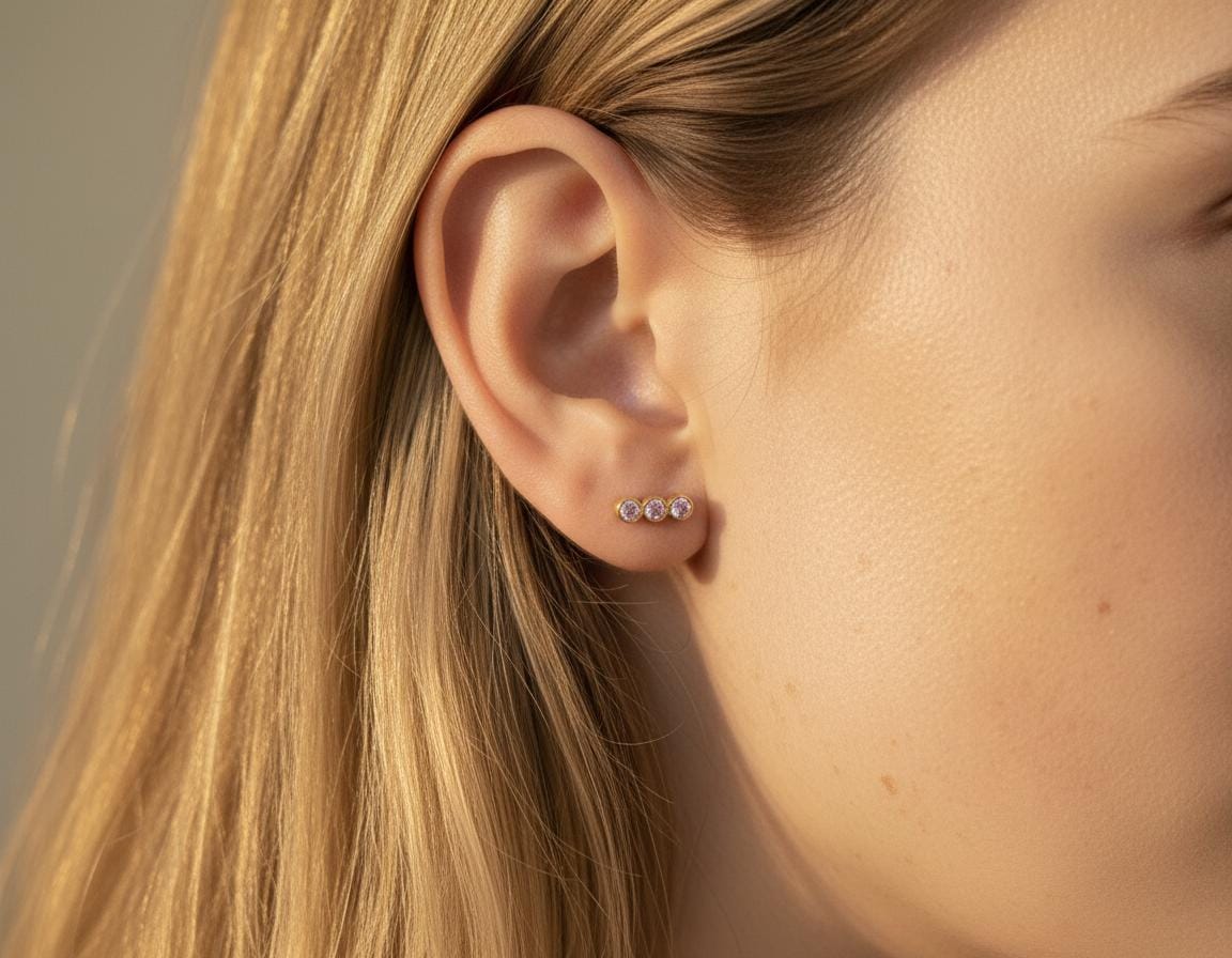 Pink Sapphire Earrings / Three Stone Stud Earrings / September Birthstone Gift / Minimalist Gemstone Earrings