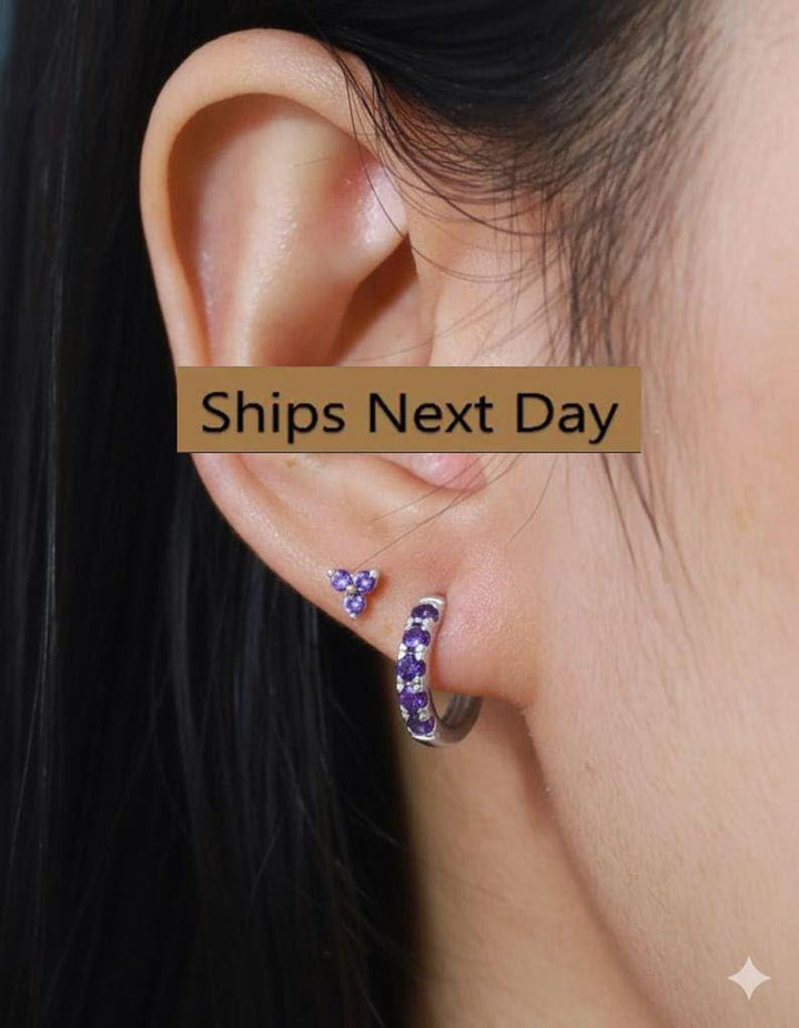 Five Stones Amethyst Hoop Earring, February Birthstone Gifts, Huggie Hoops, Minimal Hoop Earring
