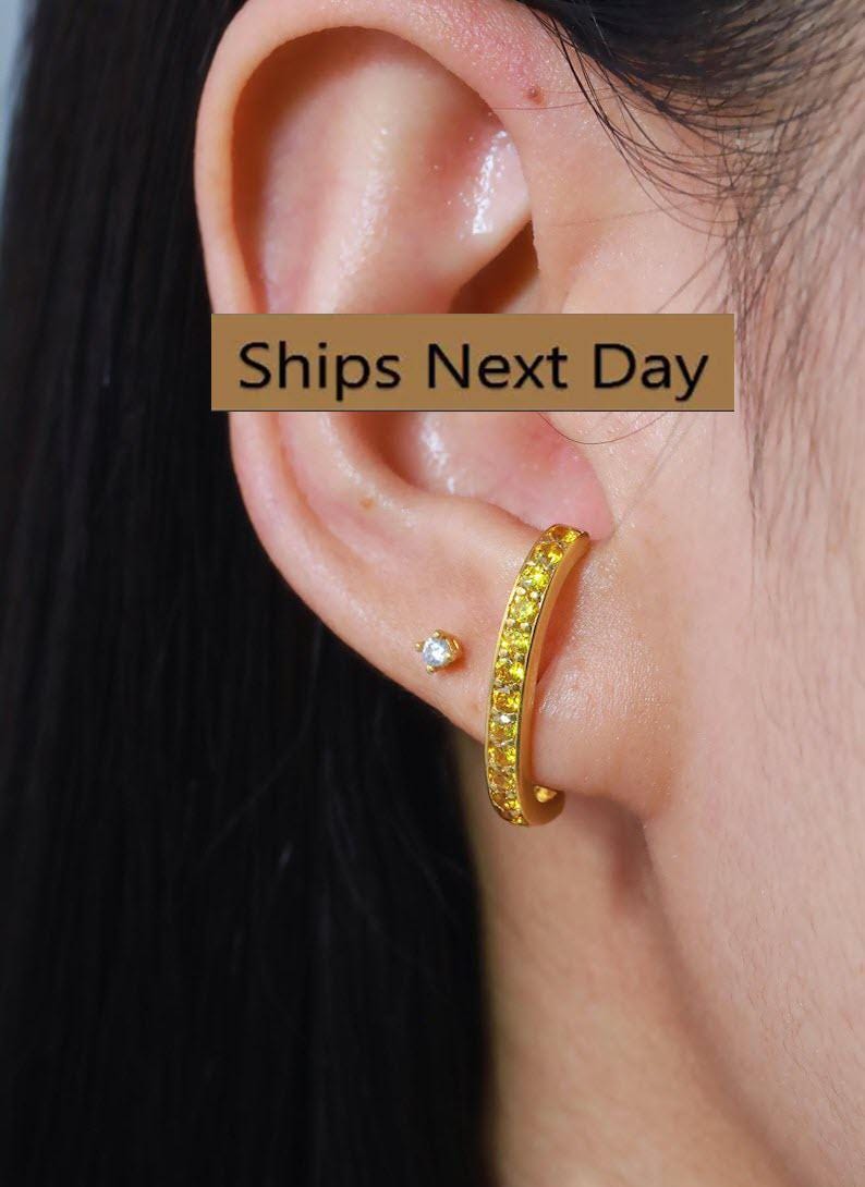 Yellow Sapphire Curve Bar Stud Earrings, September Birthstone Gifts, Suspender Cuff Stud Earrings, Dainty Earrings Gift For Women