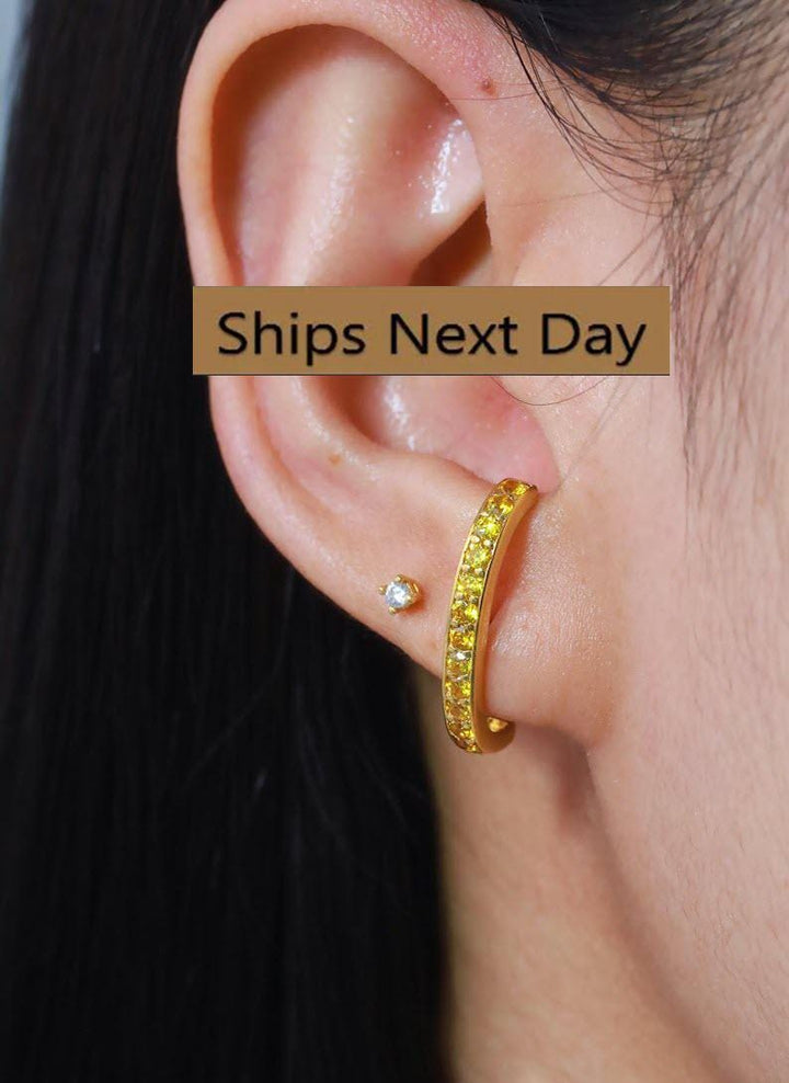 Yellow Sapphire Curve Bar Stud Earrings, September Birthstone Gifts, Suspender Cuff Stud Earrings, Dainty Earrings Gift For Women