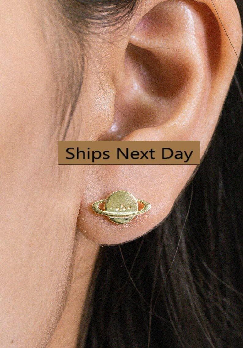 Saturn Planet Stud Earrings, Saturn Studs, Tiny Planet Stud Earrings, Universe Earrings for Women