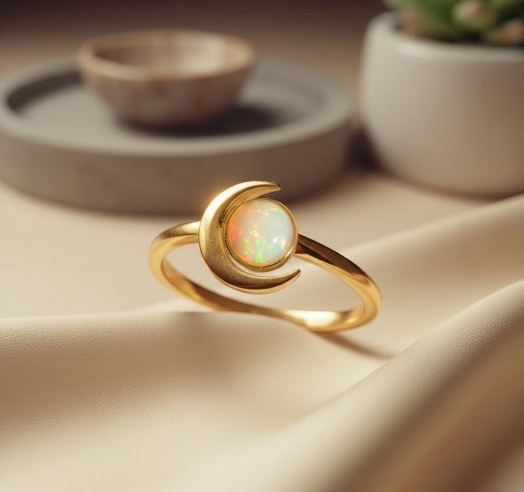 Crescent Moon Opal Ring, 18K Gold Plated White Fire Opal Ring Celestial Space Gift for Her, Best Friend Gift, Crescent Moon Jewelry