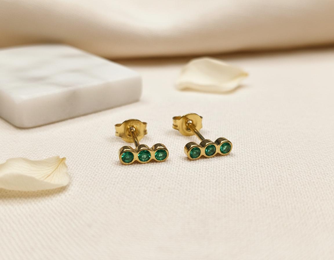 Emerald Earrings / Three Stone Stud Earrings / May Birthstone Gift / Minimalist Gemstone Earrings / Holiday Gift for Her