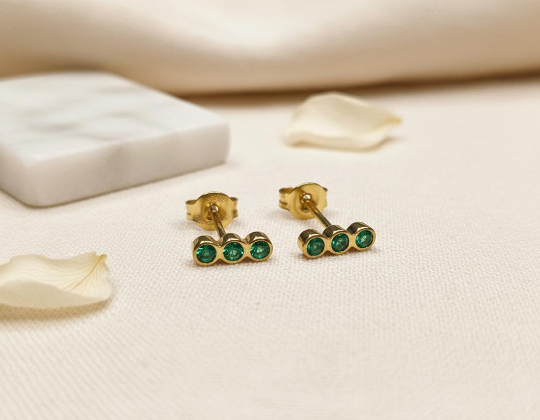 Emerald Earrings / Three Stone Stud Earrings / May Birthstone Gift / Minimalist Gemstone Earrings / Holiday Gift for Her