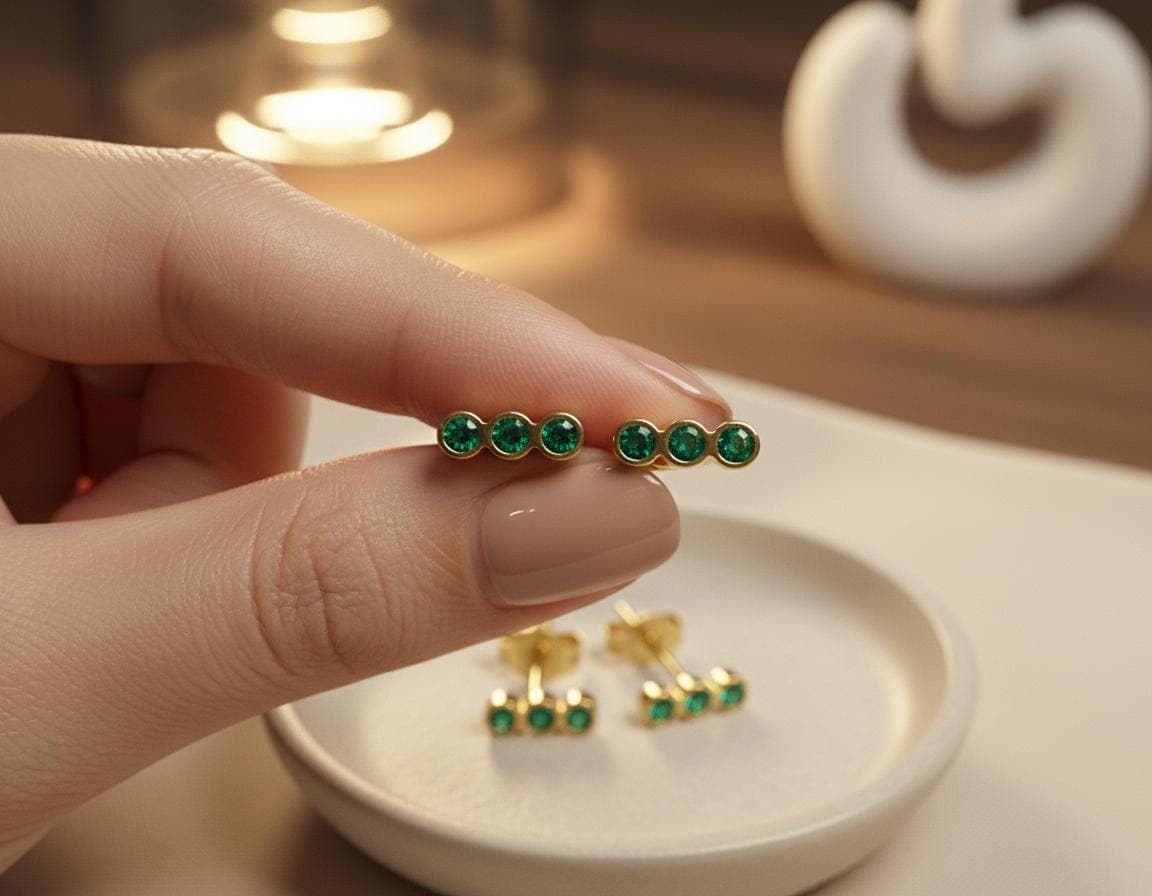 Emerald Earrings / Three Stone Stud Earrings / May Birthstone Gift / Minimalist Gemstone Earrings / Holiday Gift for Her