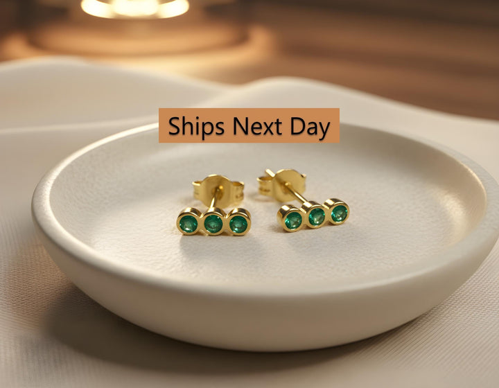 Emerald Earrings / Three Stone Stud Earrings / May Birthstone Gift / Minimalist Gemstone Earrings / Holiday Gift for Her