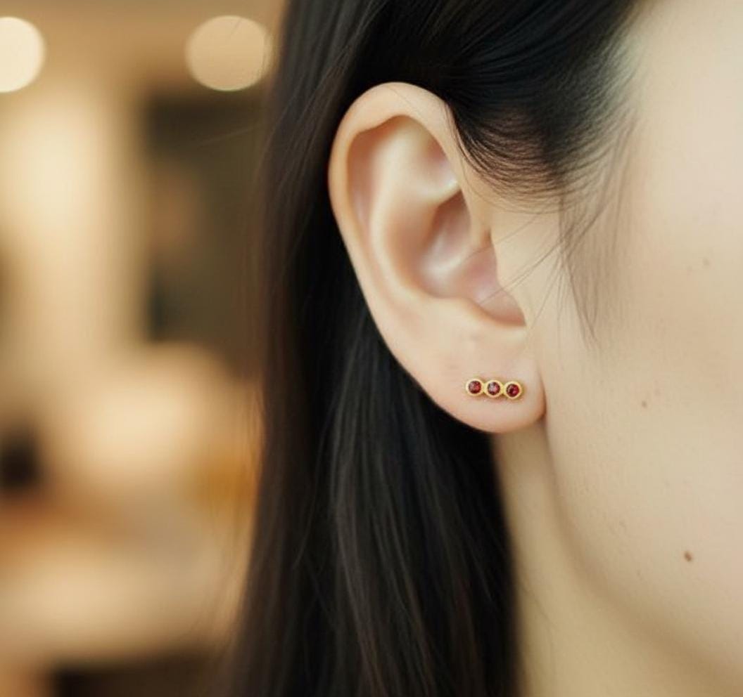 Garnet Earrings / Three Stone Stud Earrings / January Birthstone Gift / Minimalist Gemstone Earrings