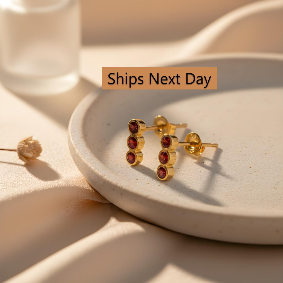 Garnet Earrings / Three Stone Stud Earrings / January Birthstone Gift / Minimalist Gemstone Earrings