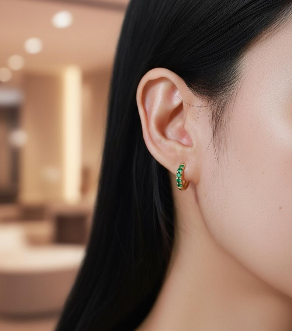 Five Stones Emerald Hoop Earrings, May Birthstone Gifts, Huggie Hoops, Minimal Hoop Earrings, Holiday Gift for Her